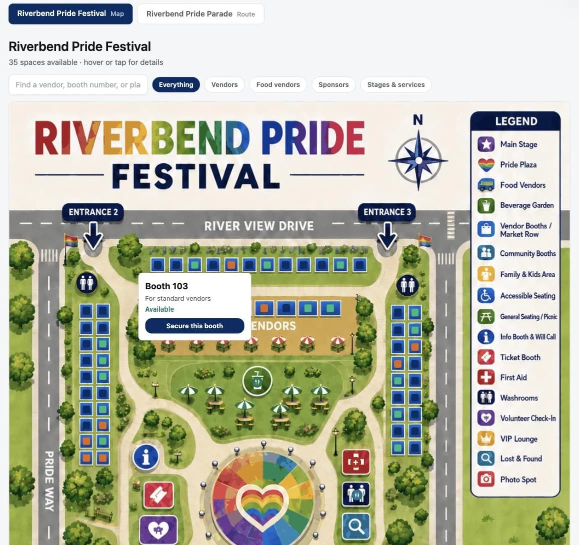 The public event map with event tabs, search, participant filters, and an available booth card with a Secure this booth button.