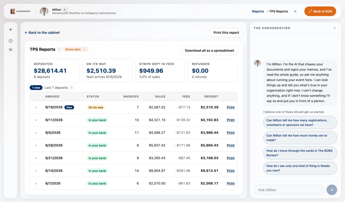 TPS Reports listing the last seven deposits with totals for deposited, on its way, Stripe fees and refunds, one deposit marked New and On its way and six marked In your bank, each with invoices, sales, fees, deposit and a Print link