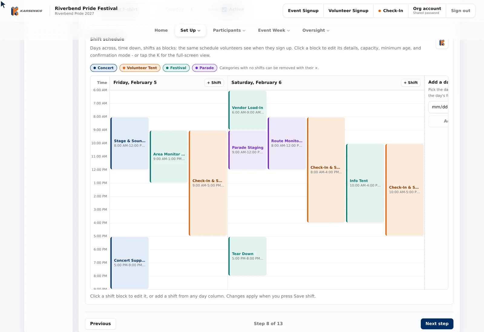 The shift schedule editor: a calendar grid with Friday and Saturday as columns, time down the left, and coloured shift blocks for concert, festival, parade and volunteer tent categories