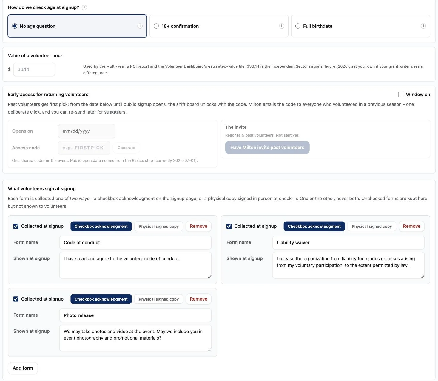 Volunteers setup showing how age is checked at signup with no age question, 18+ confirmation and full birthdate options, the value of a volunteer hour, the early access window for returning volunteers, and the code of conduct, liability waiver and photo release forms collected at signup